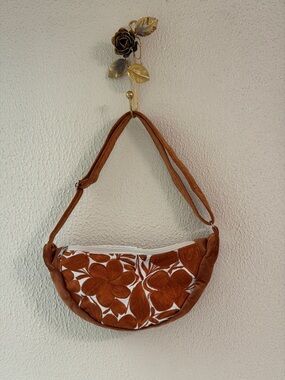 Brown Floral Half-Moon Shoulder Bag